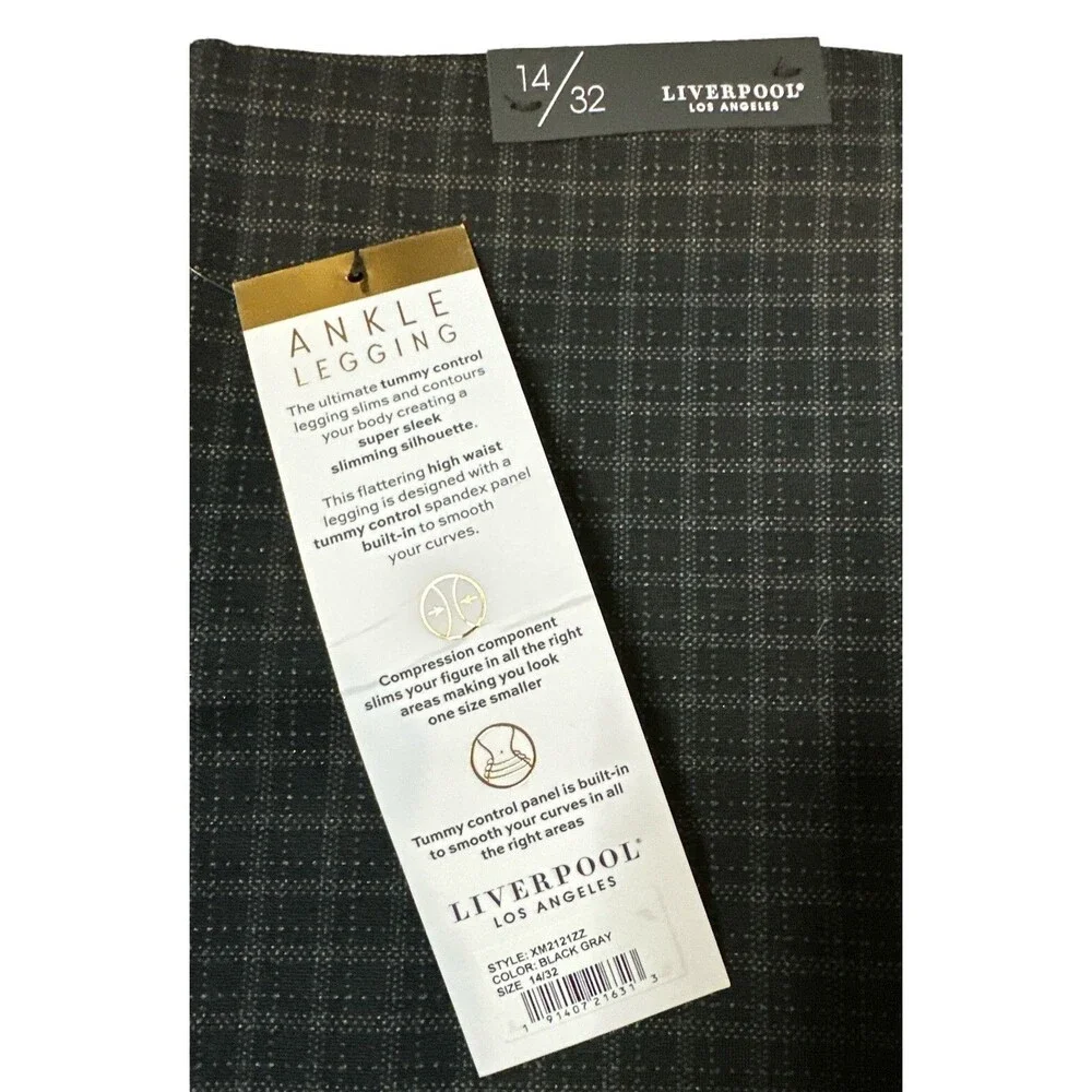 Liverpool LA Carolyn Classic Ankle Leggings‎ Size 14/32 Black Plaid Pattern NWT